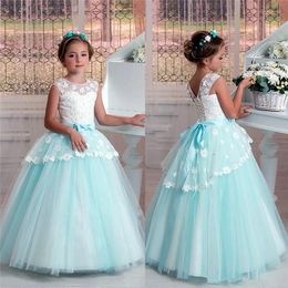 Girl's Dresses Sky Blue Applique Sleeveless Flower Girl Dress Birthday Party Gown Holiday Fashion Princess Communion DressesGirl's