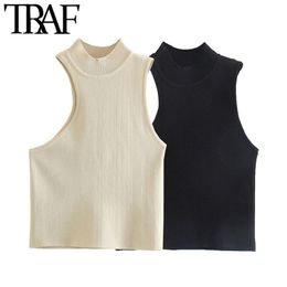 TRAF Women Sexy Fashion Asymmetry Fitted Knit Tank Tops Vintage High Neck Sleeveless Female Camis Mujer 220325
