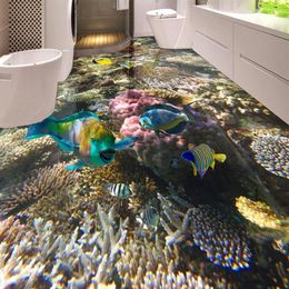 modern materials UK - 3D Flooring Waterproof Wallpaper For Bathroom Seabed coral tropical fish 3D Floor Painting Self-adhesive Wallpaper221S