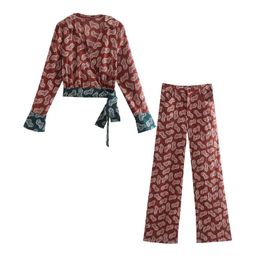Women's Two Piece Pants Women Suits 2022 Elegant Printing 2 Pieces Set Fashion Chic Slim V-Neck Coral Red Autumn Casual Vacation SuitsWomen'