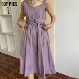 toppies summer sleeveless tank dress solid Colour midi dress women round neck knot waist chic vestidos korean fashion LJ200812