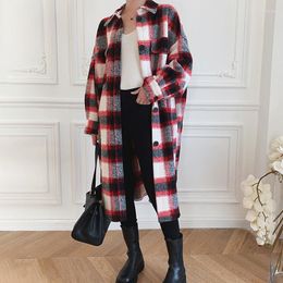 Women's Wool & Blends Coat Female 2022Winter Red Large Plaid Long Loose Single-Breasted Profile Brushed Pocket Felt Jacket Y88 Phyl22