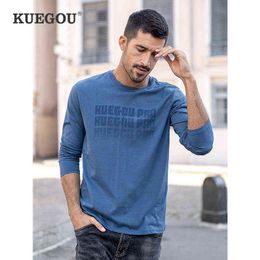 KUEGOU 2022 Autumn New Men T-shirt long sleeve 100% cotton Letter Print Fashion Tshirt High Quality Top Plus Size 60037 T220808
