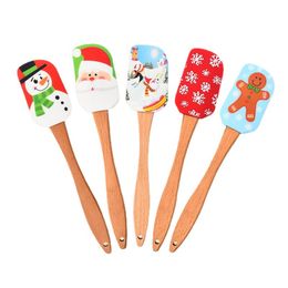 Christmas Silicone Scraper Xmas Bakeware Cream Butter Spatula with Wooden Handle Great Present for Christmas Decorating