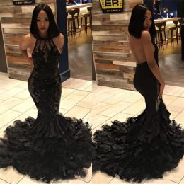 Dresses Black Prom Lace Applique Beaded Halter Neck Mermaid Backless Custom Made Plus Size Evening Party Gown Formal Ocn Celebrity Wear Vestidos 2022 Designer