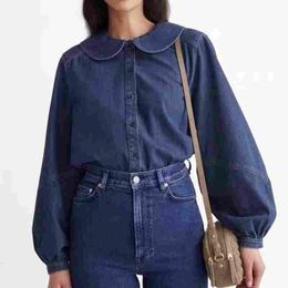 Women's Blouses Women Shirt 2023 Early Autumn Lapel Long-sleeved Cotton Denim Top