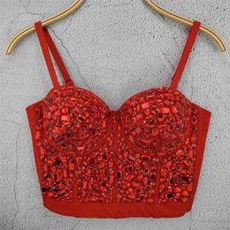 Corset with Rhinestones Women Bustier Corset Top Red Sleeveless Sexy Rave Outfit Festival Clothing 210326