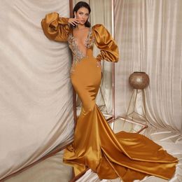 Gold Mermaid Prom Dresses Princess Deep V Neck Appliques Sequins Beads Satin Lace Long Sleeves Floor Length Party Gowns Plus Size Custom Made Vestido de novia