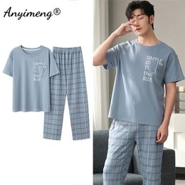 Mens Fresh Pyjamas 3xl 4xl Sleepwear Short Sleeved Long Pants Cotton Leisure Pyjamas for Boy Plaid Men Summer Nightwear 220426