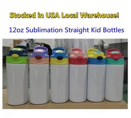 USA Warehouse Sublimation Straight Kid Water Bottles Tumblers Blanks 12oz Sippy Cup Heat Transfer Coated Cartoon Double Wall Stainless Steel Children Cups Straw