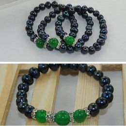 black 100% natural Freshwater Pearl Bracelet Beaded Strands Green Agate 8-9mm Stretch Elastic fashion Jewellery