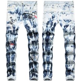 Jeans Men Slim Fit Tie Dye Ripped Straight Biker Denim Pants Big Size Motocycle Men's Hip Hop Trousers For Male