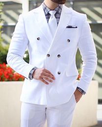 Classic White Wedding Tuxedos Double-Breasted Mens Suit Two Pieces Formal Business Mens Jacket Blazer Groom Tuxedo Coat Pants 01229