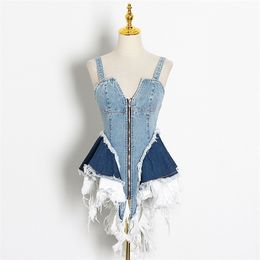 Summer Women Jeans Sets Fashion Women Two Piece Outfits Sleeveless Sexy Jeans Blouse and High Waist Shorts with Tassel 210302