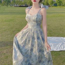 Elegant Long Flower Strap Dress Women Vintage Sweet Print Korean Slip Fairy Dress Casual Calssy Party Princess Dress Spring 220514