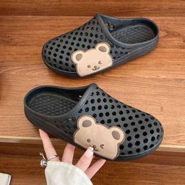 Cute Teddy Bear Slippers Women Summer Closed Toe Outdoor Sandals Hollow Garden Beach Shoes Cartoon Animal Slides Flip Flops 220615