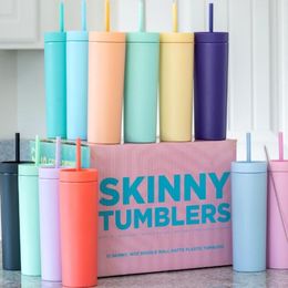 16oz Skinny Tumbler Matte Colourful Acrylic Mug with same Colour Lid and Straw Double Wall Plastic Tumblers Cleaner Reusable Cup in Bulk