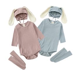 New 3Pcs Baby Girl Boys Romper Clothes Hat Socks Sets Bunny Rabbit Ear Cotton Solid Ribbed For Newborn Infant Bodysuit Costumes