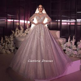 Crystal Sparkly Pearls Long Sleeve Dubai Wedding Dresses Ball Gown Illusion Open Back Beading Sequined Saudi Arabic Bridal Gowns S S s