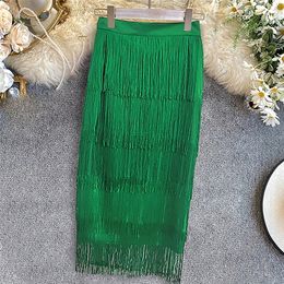 MD Green Patchwork Tassel Women Skirt High Waisted Bodycon Midi Robes Plus Size Elastic Skirts South Africa Ladies Slim Jupe 220317