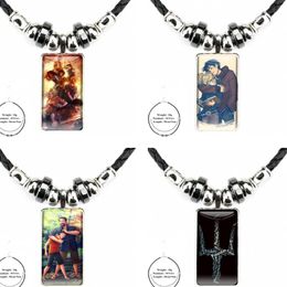 -Collares colgantes Percy Jackson para mujeres Joyas vintage de acero chapada con cabochon de vidrio rectángulo largo hematita negra
