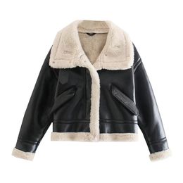 Women Faux Fur Fashion Thick Warm Faux Leather Shearling Jacket Coat Vintage Long Sleeve Flap Pockets Female Outerwear Chic Tops