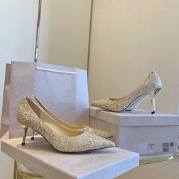 New Women Dress Shoes Jlove Couro Bombas De Couro Silver Glitter London Luxury Brand Lady Sandálias Para Festa High Heel Boost Slides 8.5cm 6.5cm H