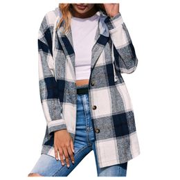Women's Jackets Womens Thickened Overcoat Classic Colour Block Plaid Hooded Cardigan Long Sleeve Button Down Coat Jacket OutwearWomen's