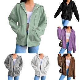 Women's Hoodies Sweatshirts Autumn Fleece Hoodie Solid Colour Hooded Korean Fashion Long Sleeve Top Drawstring Pockets Loose Zipper Black 230206