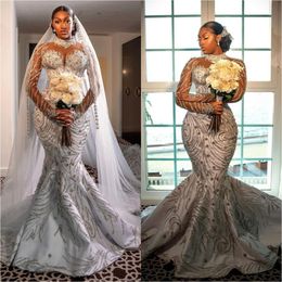 gowns for brides UK - African Wedding Dresses for Women 2022 Bride Gowns Luxury Mermaid vestido de novia Lace Sequined Long Sleeved Wedding Dress