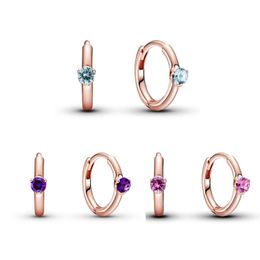925 Sterling Silver Light Blue Purple Pink Solitaire Huggie Hoop Earrings luxury for Women Girls Fit Pandora Jewellery Brincos 289304C03 289304C02 289304C01