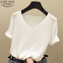 Knitted Short Sleeve Shirt Women Tops Solid Korea Summer Tshirt Thin V-neck Knit Female Tee Casual T 13539 220402