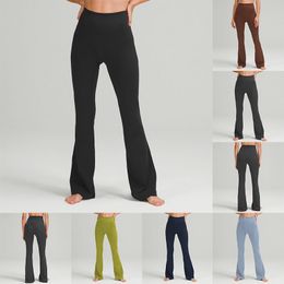 LU LU LEMONS Summer Yoga Clothes Grooves Womens Flared High-waisted Tight-fitting Belly Show Figure Sports Yogas Nine-point Pants s