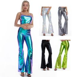 Women's Two Piece Pants Pole Dance Rave Clothes Holographic Women Bras Metallic Flared Costumes Hip Hop Sexy Night Club Bellbottoms