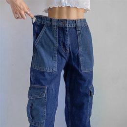 Pocket Cargo Pants Straight Wide Leg Baggy Jeans Women Korean Hip Hop 2020 Boyfriend Mom Jeans High Waist Denim Trousers LJ201103