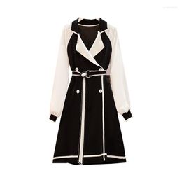 Casual Dresses A-Line Double Breasted Knitted Women Clothes Office Ladies Chic Short Dress Pastel Robes Splicing V-Neck Black Vestidos