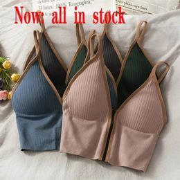 Korean striped crop tops slim fit spaghetti strap tanke top women built in bra off shoulder sleeveless versatile camisole ins 220607