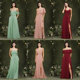 Burgundy Mint Green Chiffon Long Bridesmaid Dresses Spaghetti Straps Ruched Split Gorgeous Bohemian Plus Size Wedding Guest Party Maid of Honor Dresses