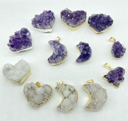 quartz slabs UK - Wholesale Natural Gem Necklaces Stone Quartz Crystal Amethyst Heart Moon Pendant Raw Slab Geode For Diy Jewelry Making 4pcs