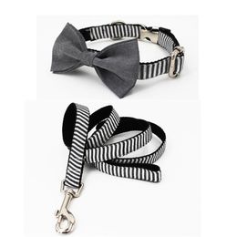 Grey plaid collar and leash set with bow tie matel buckle cotton fabric dog &cat necklace pet accessaries Y200515