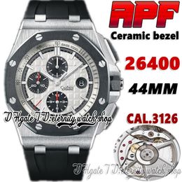 APFF 26400zf Cal.3126 ARF3126 Chronograph Automatic Mens Watch Stainless Case Ceramic Bezel White Texture Dial Rubber Super Version eternity Stopwatch Watches