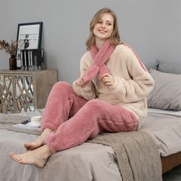 Fleece Pajama Set Women's Solid Long Sleeve Winter Terry Ladies Pijama Suit 2 Pcs with Pants Thick Warm Home Clothes Female 220329