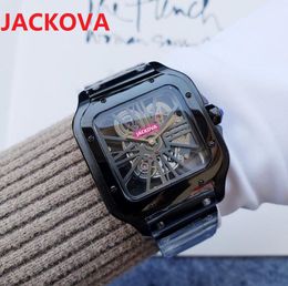 High-End Hollow Transparent Square Watches 38mm Quartz Movement Time Clock stainless steel bracelet 5tm waterproof lumious set auger sports Wristwatch