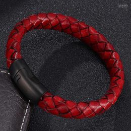 Vintage Men Jewelry Punk Red Braided Leather Bracelet Stainless Steel Magnetic Clasp Fashion Bangles Pulseira Masculina Bangle Inte22