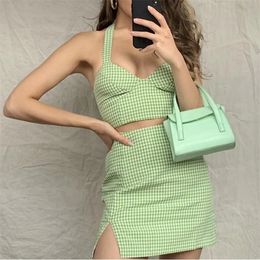 Foridol green plaid dress suit women 2 pieces dress sets crop top outfits sexy halter backless checkered slit dress set T200706