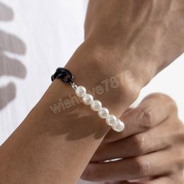 Black Chain Splicing White Pearl Beads Chains Bracelets Men Trendy Beaded Hand Chains Fashion Chunky Bracelet Jewellery Gifts