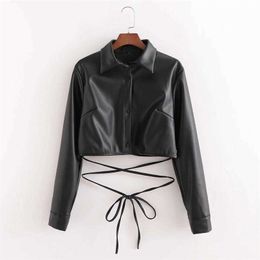 Women Tied Cropped Shirt Long Sleeves Collared Fashion Lady Chic INS-style PU Woman Blouse Shirt Tops 210709