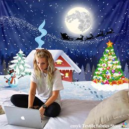 Tapestry Christmas Carpet Wall Hanging Santa Star Sky And Moon Eve Snow Scene O