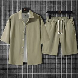 Mens Sportwear Set Solid Short Sleeve Shirts Shorts Men Tracksuit Suit Casual Male Brand CLothing Streetwear Men Sweatsuit 220803