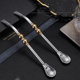 Tea Scoops Golden Duble Bead Straw Spoon Removable For Clean Filter Yerba Mate Straws Reusable Drinking Milk Spoon Kitchen Supplies 20220825 E3